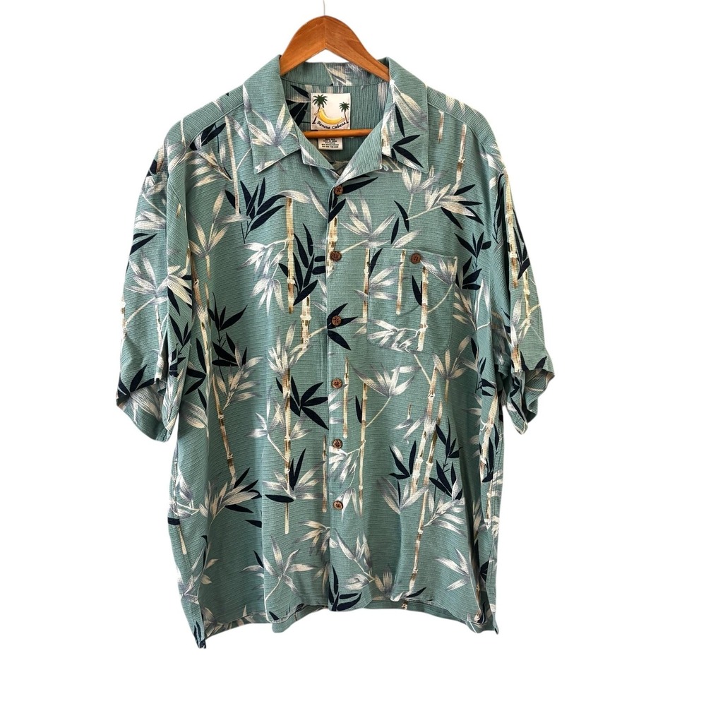 Banana Cabana Silk Hawaiian Shirt Mens 2XL Green Bamboo Button Up Tropical Camp